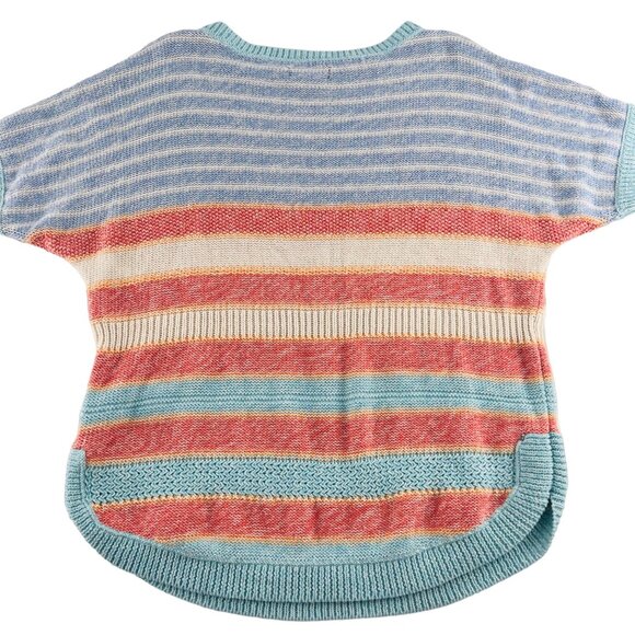 Chaps Sweater Womens Medium Boat Neck‎ Pullover Blue Orange Soft Short Sleeves - Picture 5 of 5